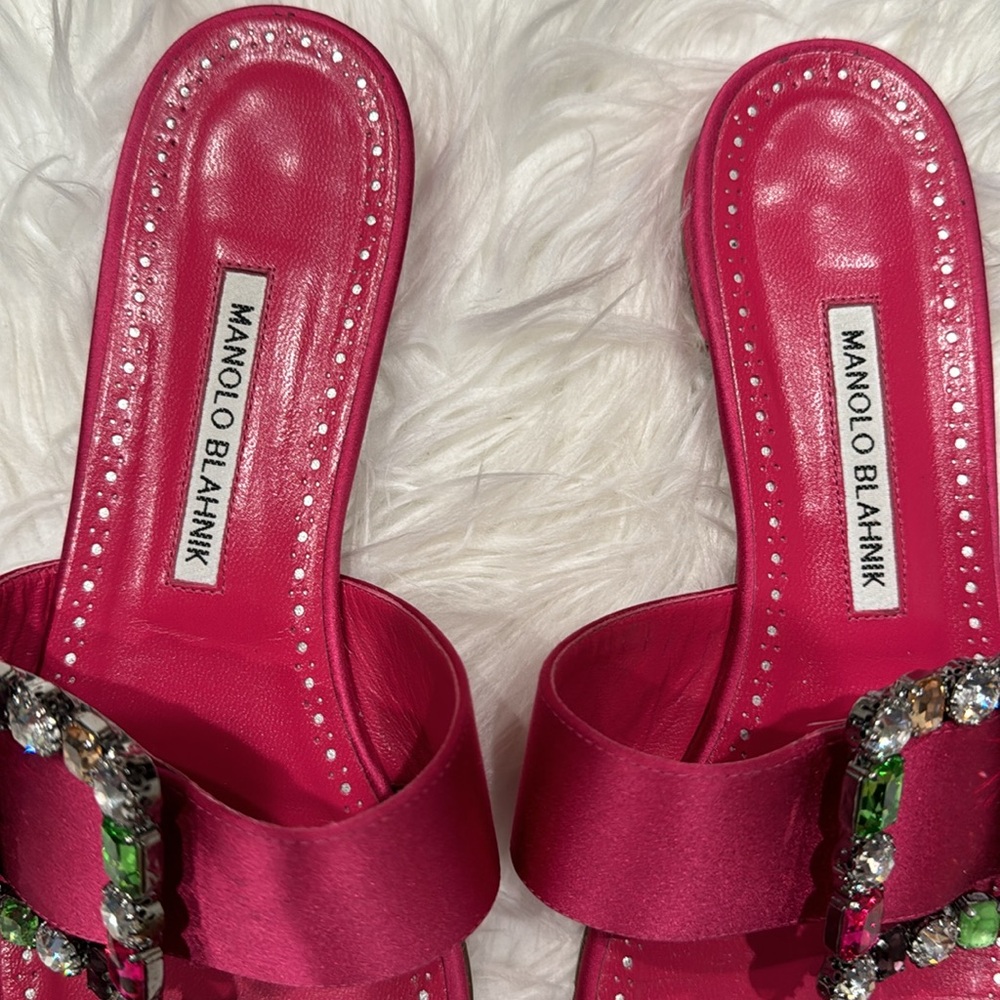 Manolo Blahnik dark pink double strap satin sandals with jewel buckle size 41 - Picture 4 of 10
